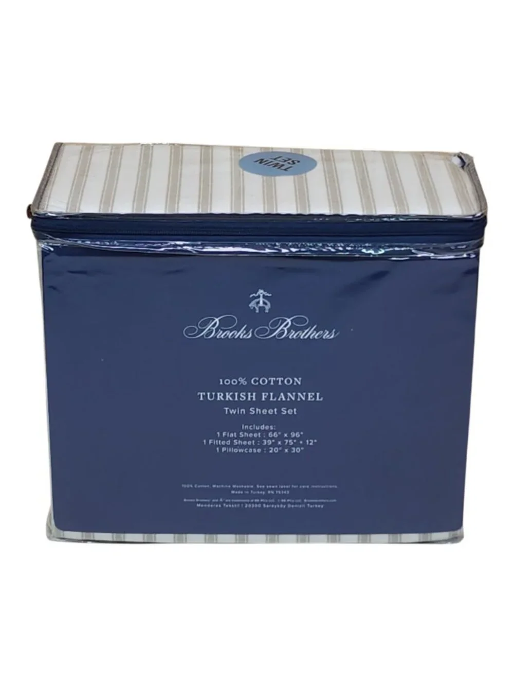 Brooks Brothers Turkish Flannel Twin Sheet Set 100% Cotton Striped Beige